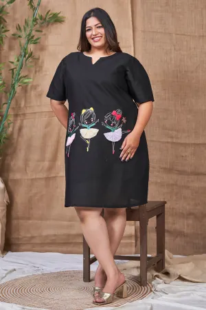Black Plus Size A-line Dress With Embroidery
