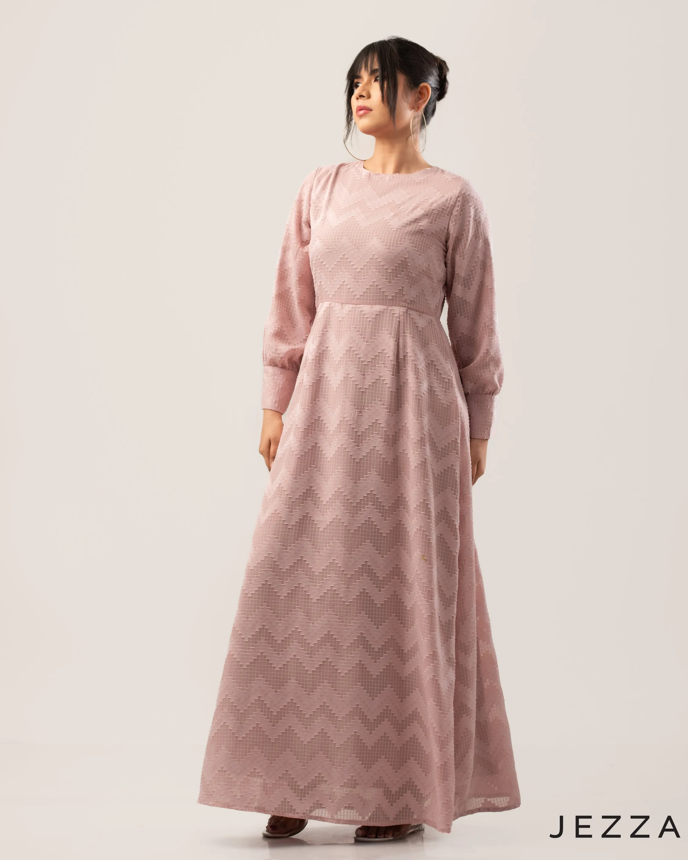 Brocade Long Sleeve Round Neck Dress 62221