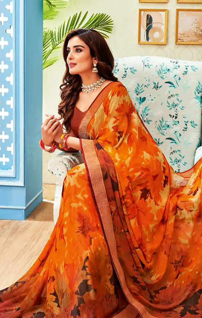 Designer Orange Georgette Printed Saree for Casual Wear (D496)