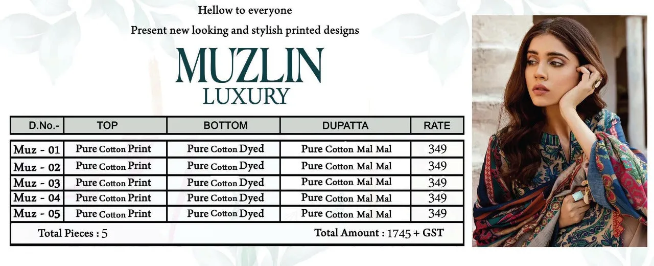 Muzlin Luxury Pure Cotton Printed Casual Wear Salwar Suits