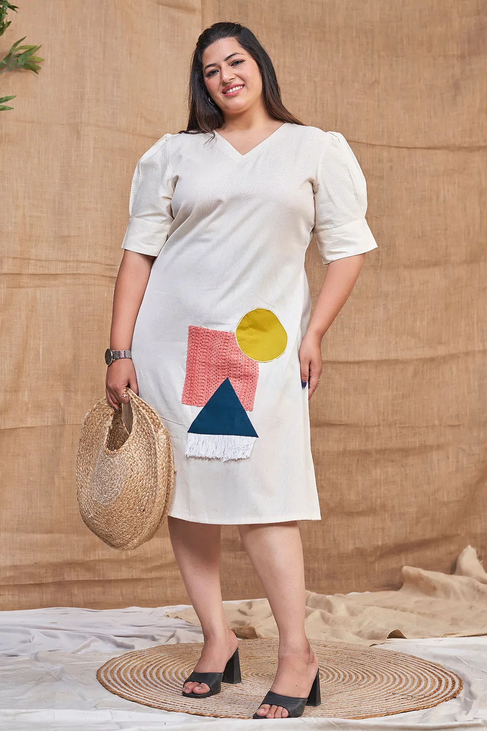 Off-white casual dress with patchwork