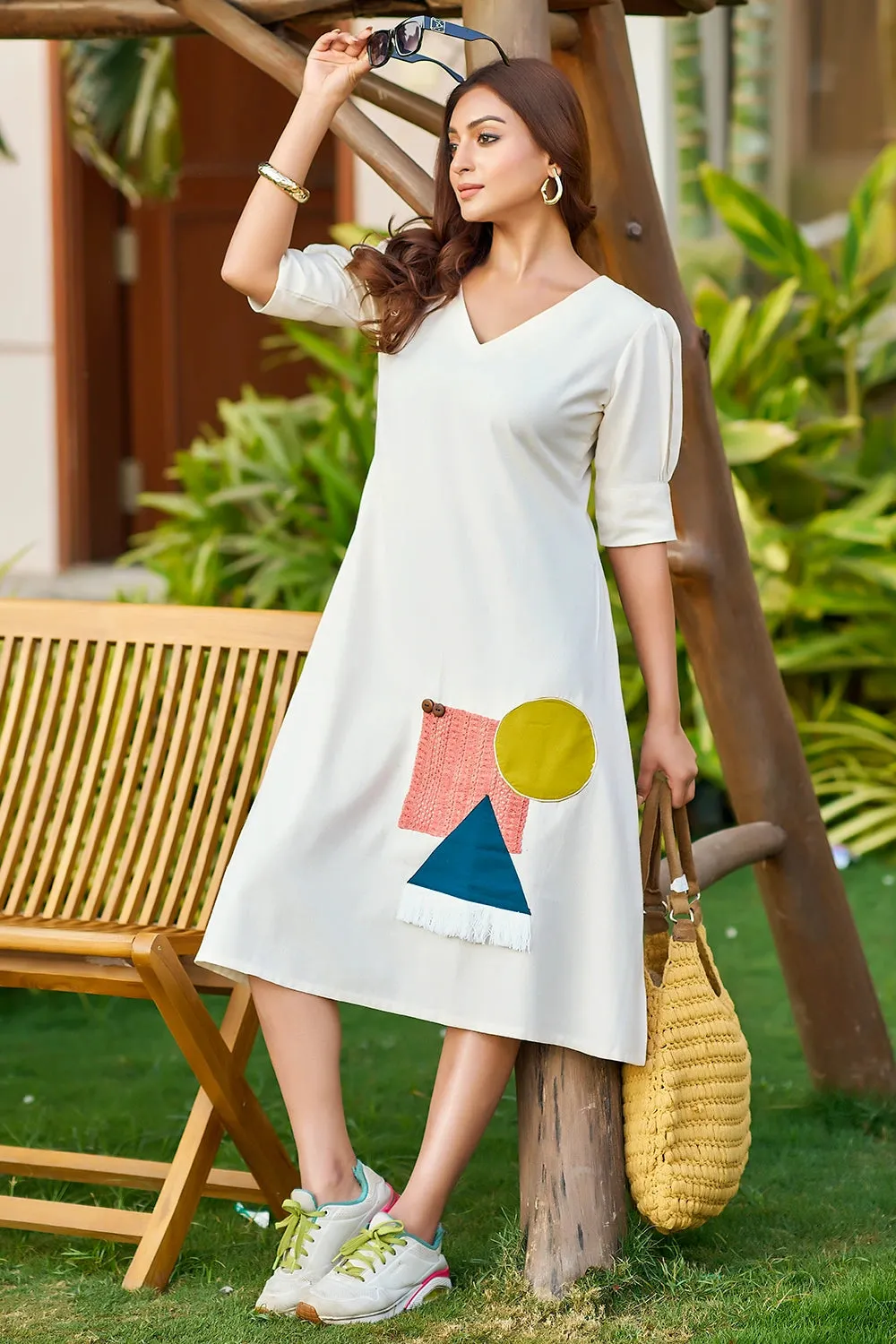 Off-white casual dress with patchwork