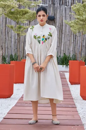 Off-white Casual Wear Hand-painted Dress With Stand Collar