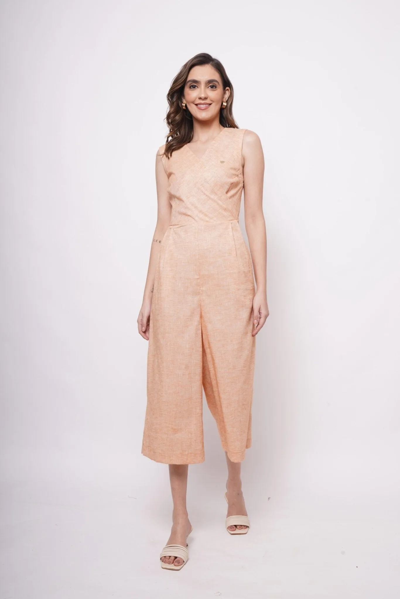 Sleeveless Orange Linen Overlap Jumpsuit