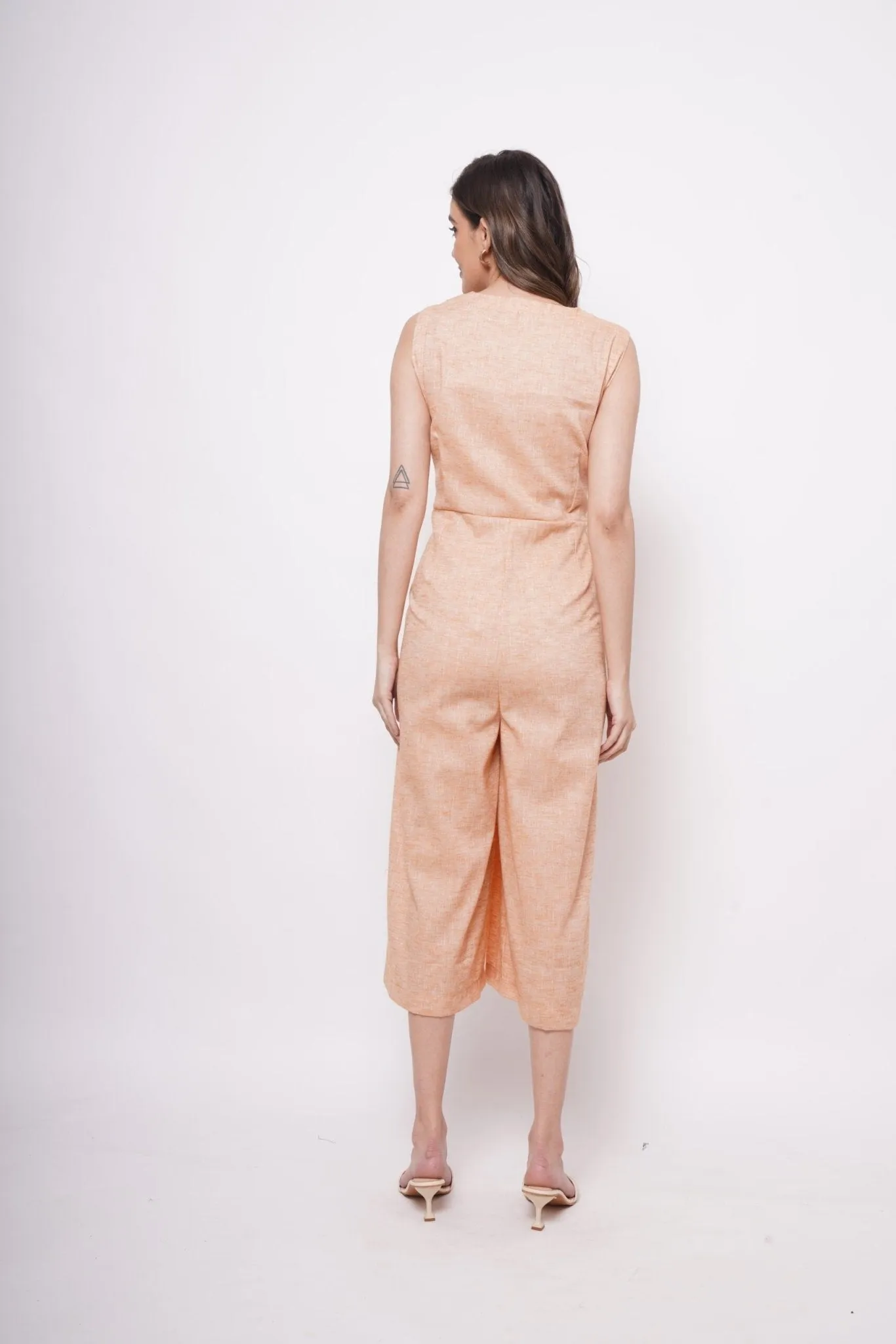 Sleeveless Orange Linen Overlap Jumpsuit