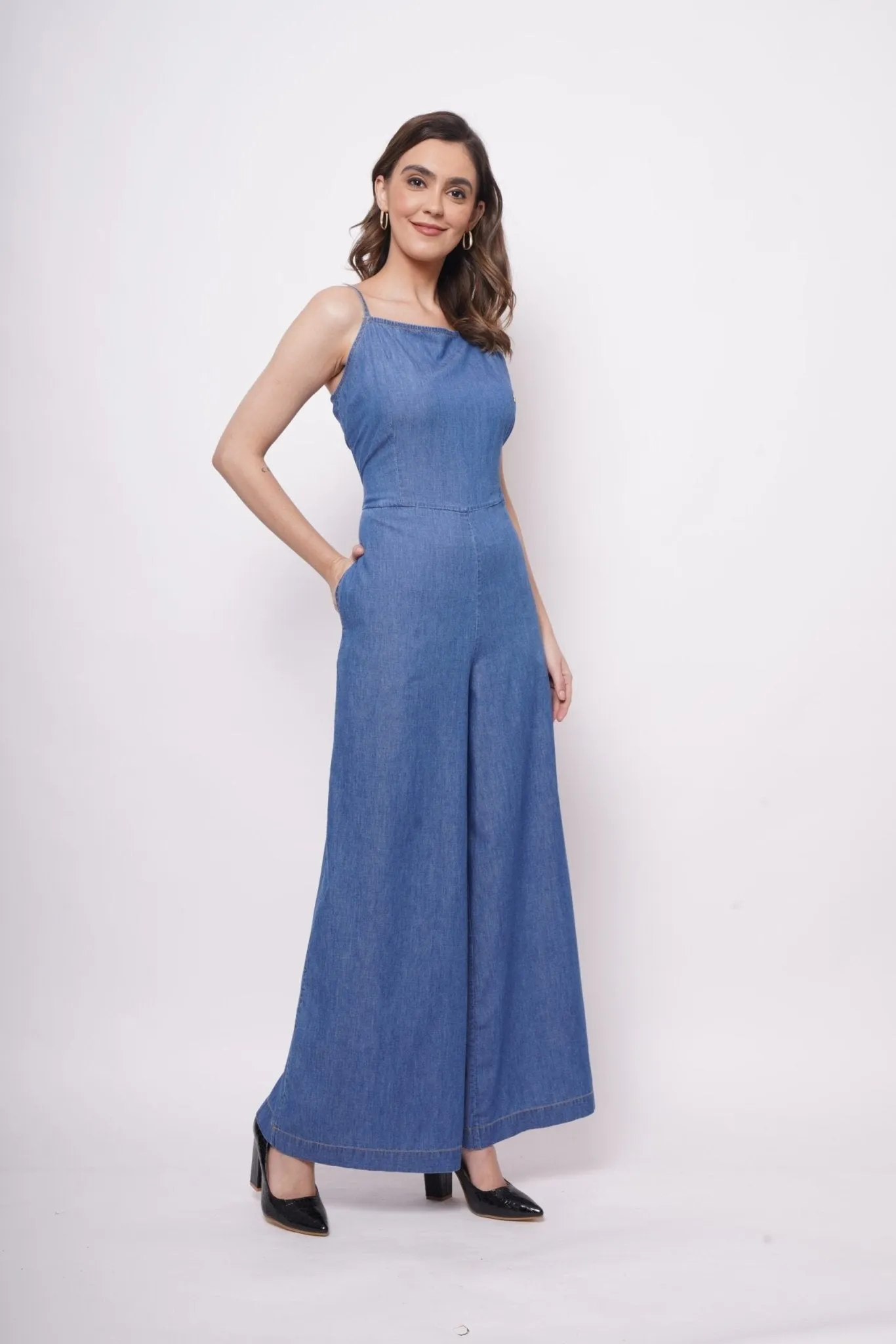 Sleeveless Strappy Denim Jumpsuit